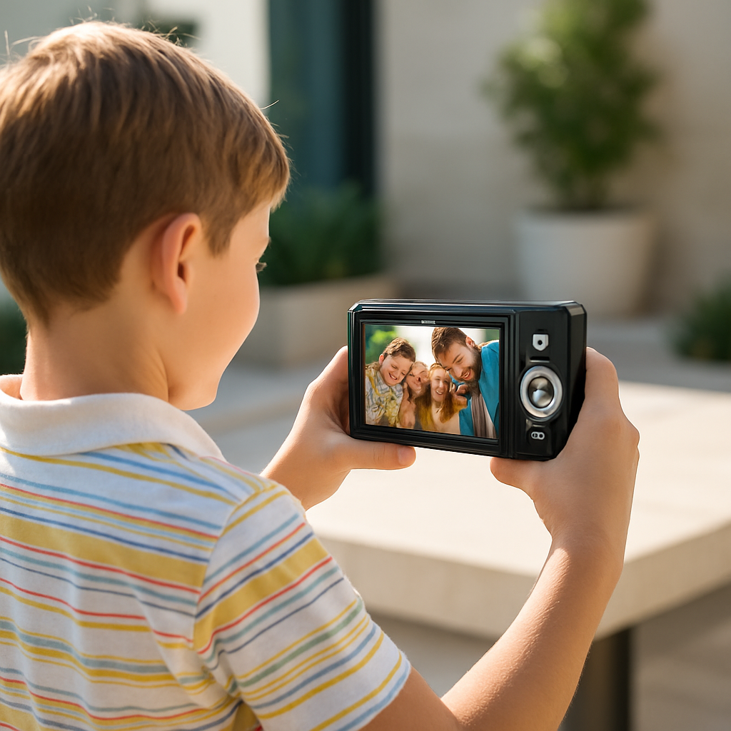 Garçon prend photo avec appareil photo enfant noir numérique