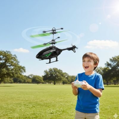 Garçon avec hélicoptère télécommandé double hélices