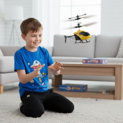 garçcon surveille hélicoptère télécommandé jaune