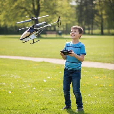 Garçon avec hélicoptère télécommandé or en vol