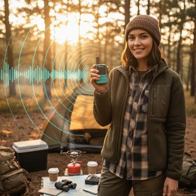 Une femme tient un talkie-walkie longue portée sans réseau.