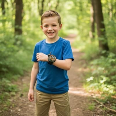 Garçon en randonnée avec montre talkie walkie enfant
