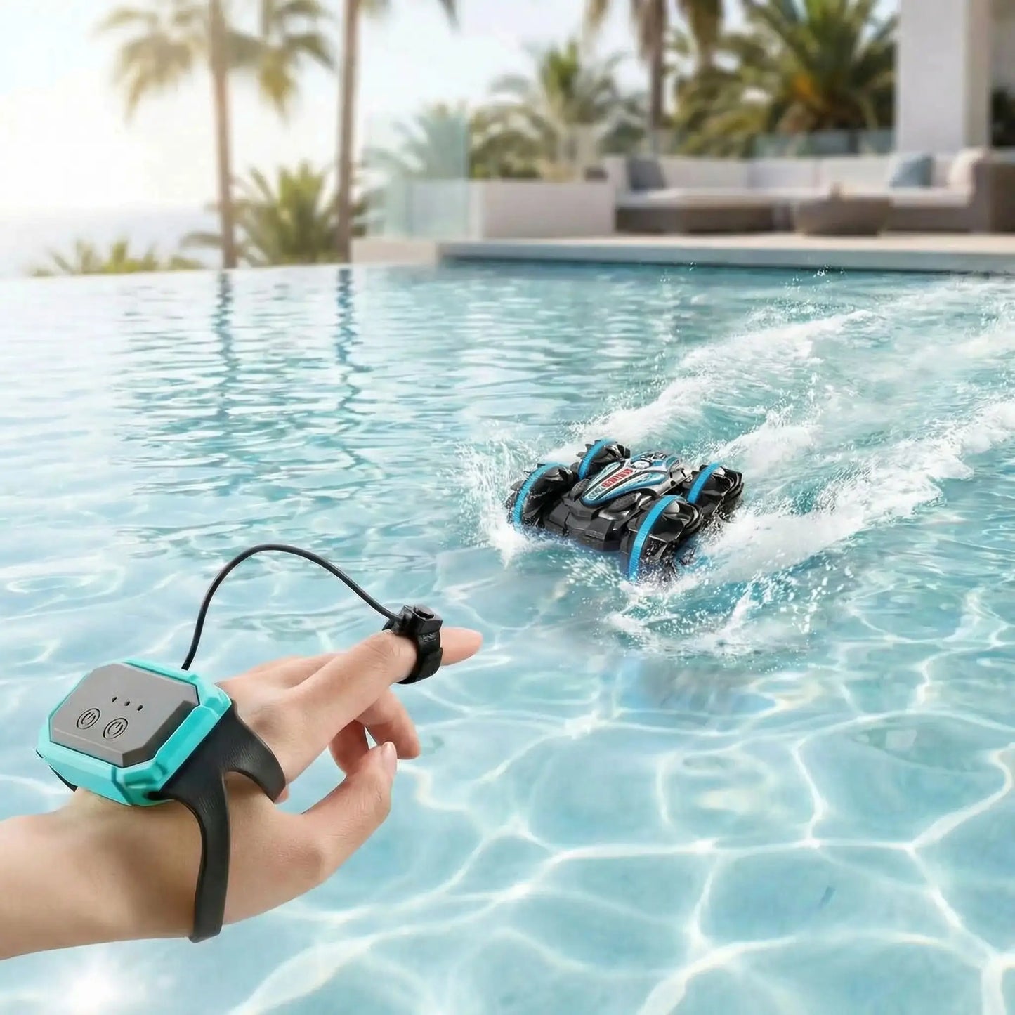 Une voiture amphibie telecommandee roule sur l'eau de la piscine.
