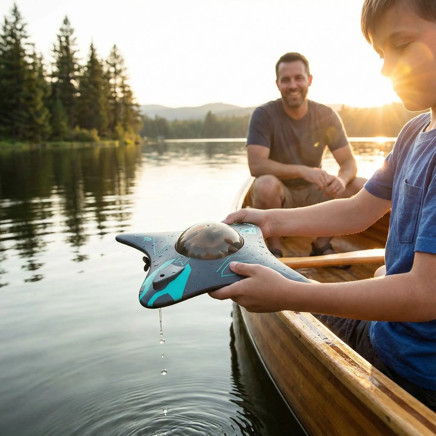 Un garçon tient son bateau appareil photo enfant en promenade sur le lac.