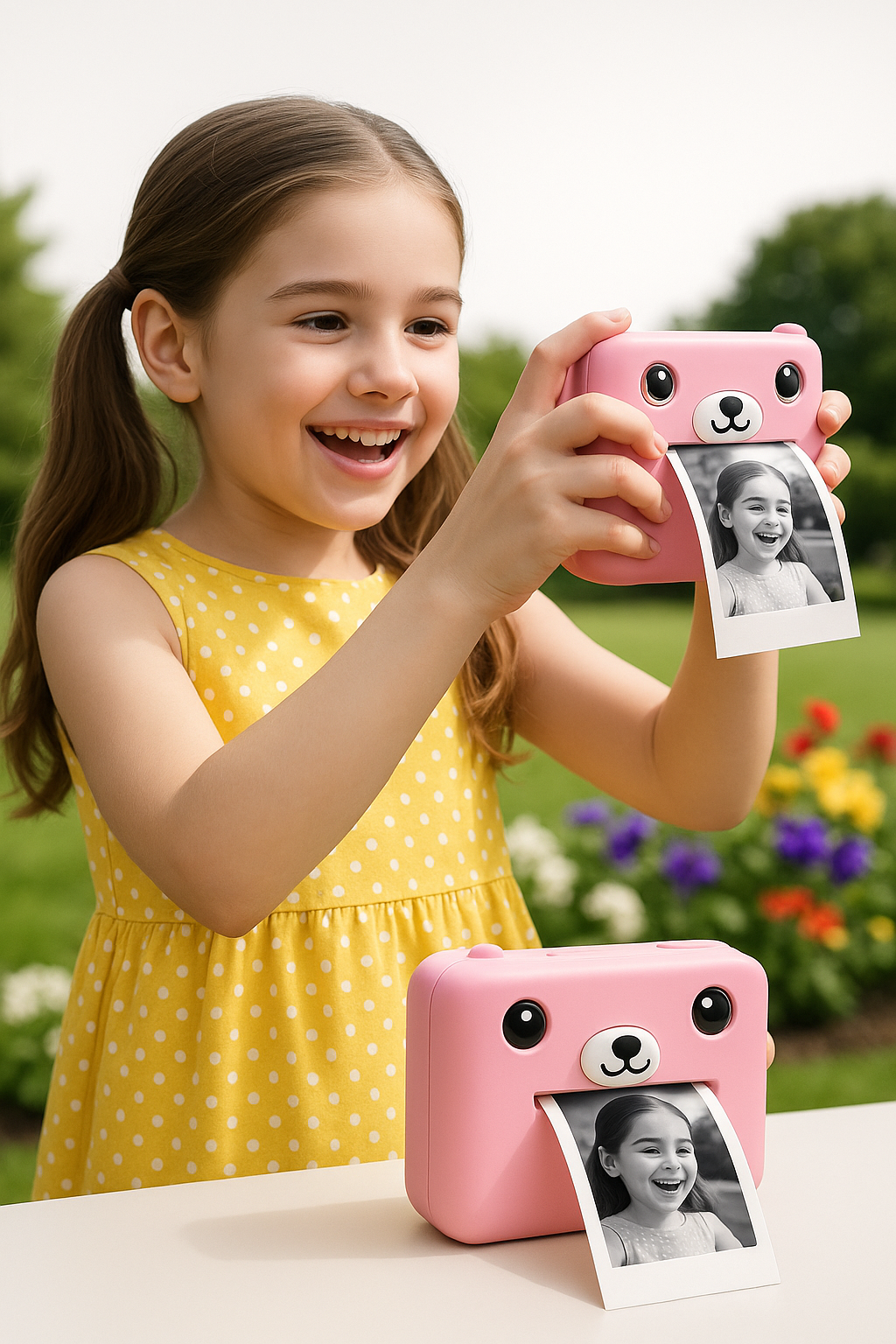 fillette avec appareil photo enfant forme de chiot rose