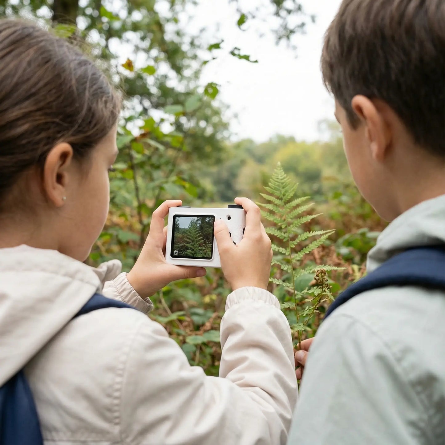 Enfants en nature prennent photo avec appareil photo enfant
