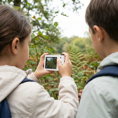 Enfants en nature prennent photo avec appareil photo enfant