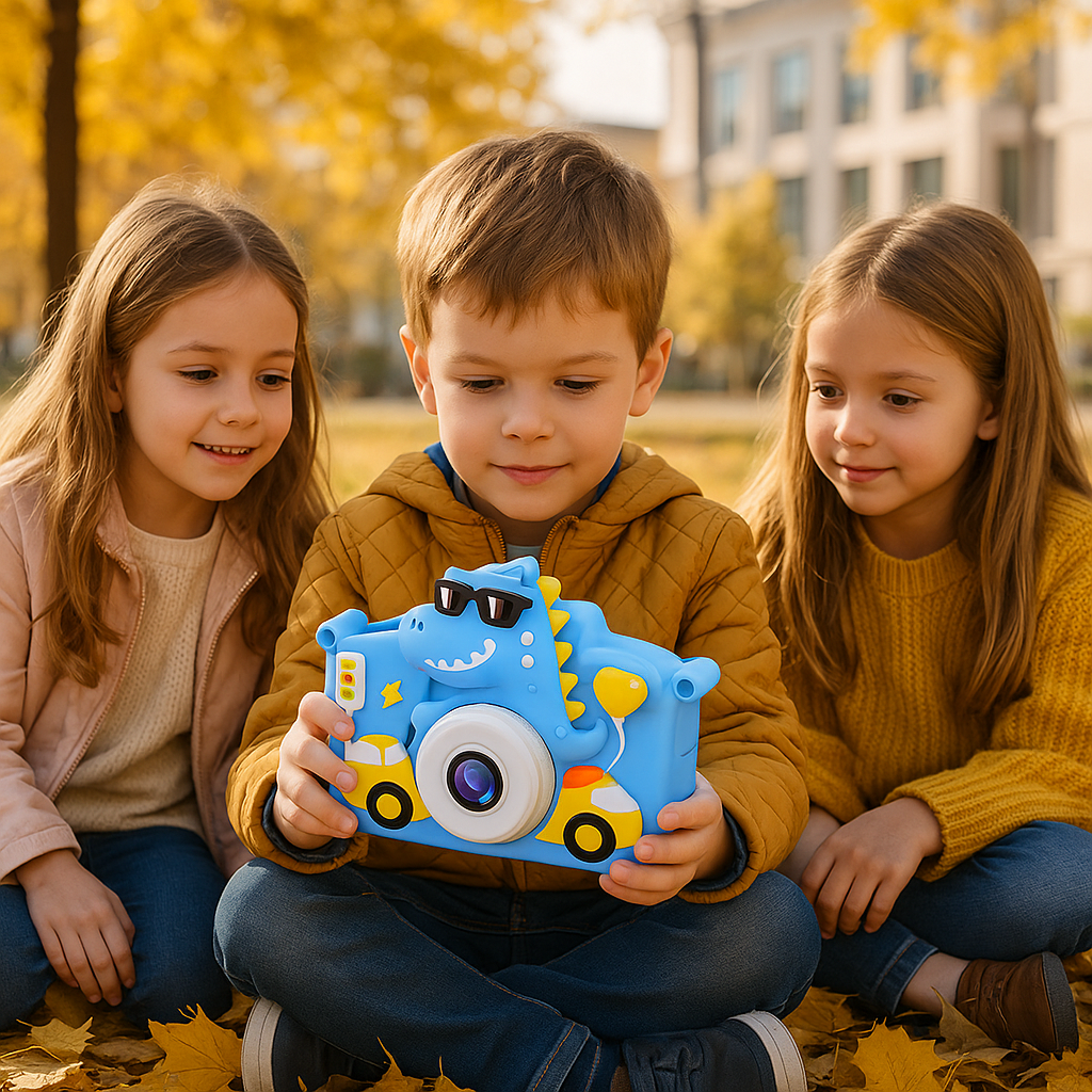 Garçon avec amies au parc montre photo sur appareil photo enfant
