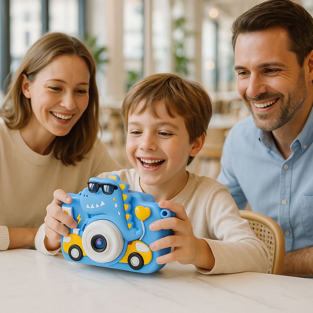 Garçon montre photo aux parents appareil photo enfant