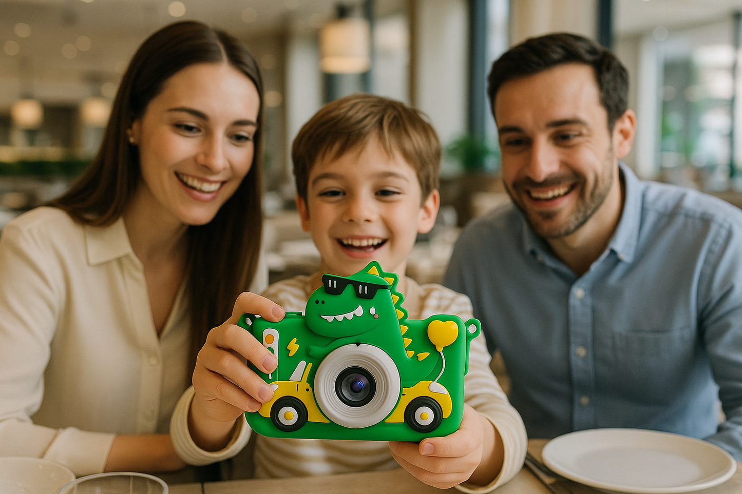 Garçon au resto avec parent et appareil photo enfant de dino
