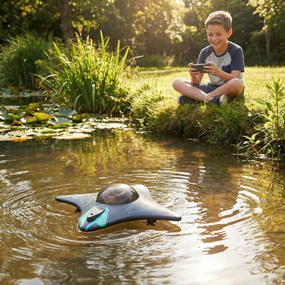 Un garçon près d'un étang, prend des photos sous l'eau avec appareil photo enfant
