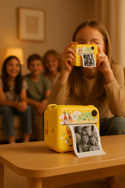 Fille prend ses amies en photo avec appareil photo pour enfant 