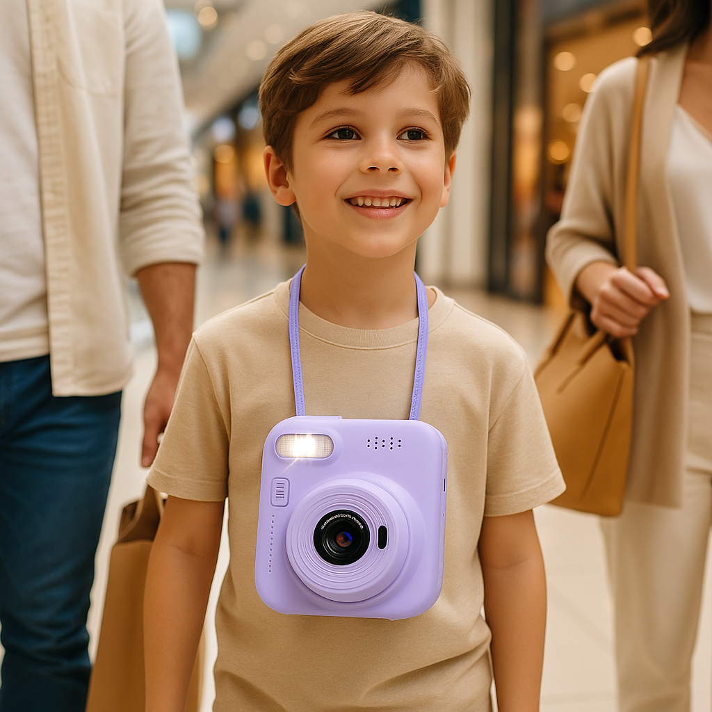 Garçon avec Appareil photo enfant instantané autour du cou