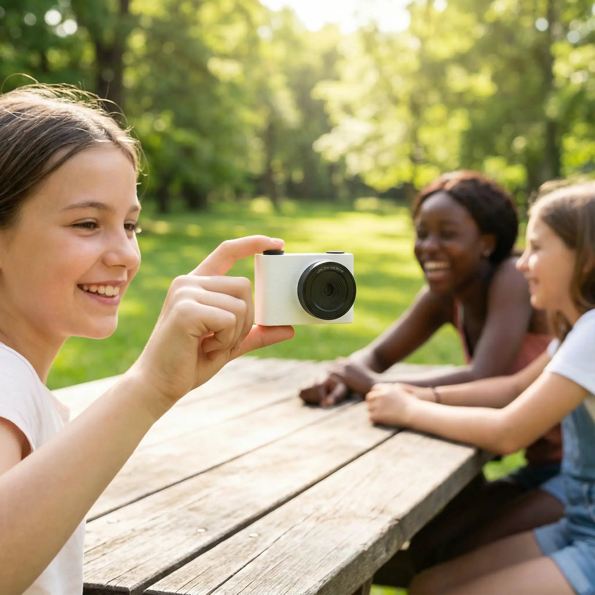 jeune fille prend un selfi avec ses amies avec appareil photo enfant miniature