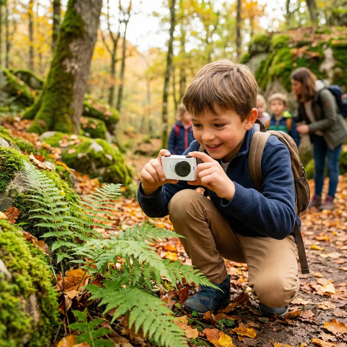Garçon en foret prend photo avec appareil photo enfant miniature