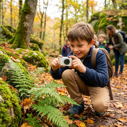 Garçon en foret prend photo avec appareil photo enfant miniature