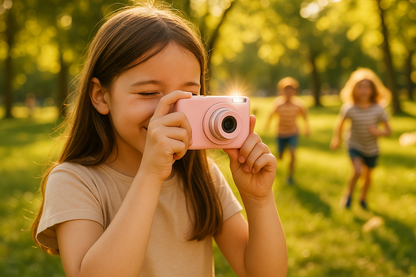 Fillette prend sa sœur en photo au parc avec appareil photo enfant