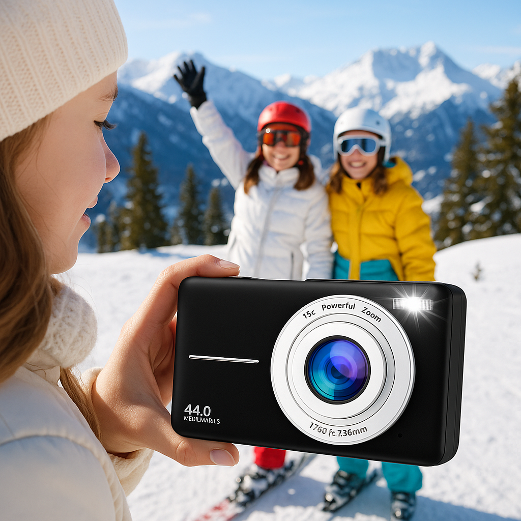 Fille prend ses amies en photo avec appareil photo enfant