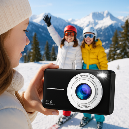 Fille prend ses amies en photo avec appareil photo enfant