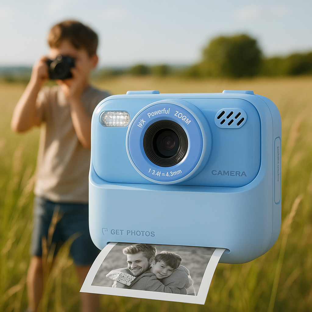 garçon prend une photo avec appareil photo instantané enfant bleu
