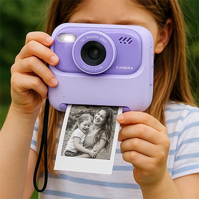 Fillette avec appareil photo instantané enfant mauve