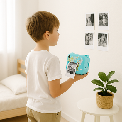 Un garçon décore sa chambre avec photo prise par appareil photo pour enfant