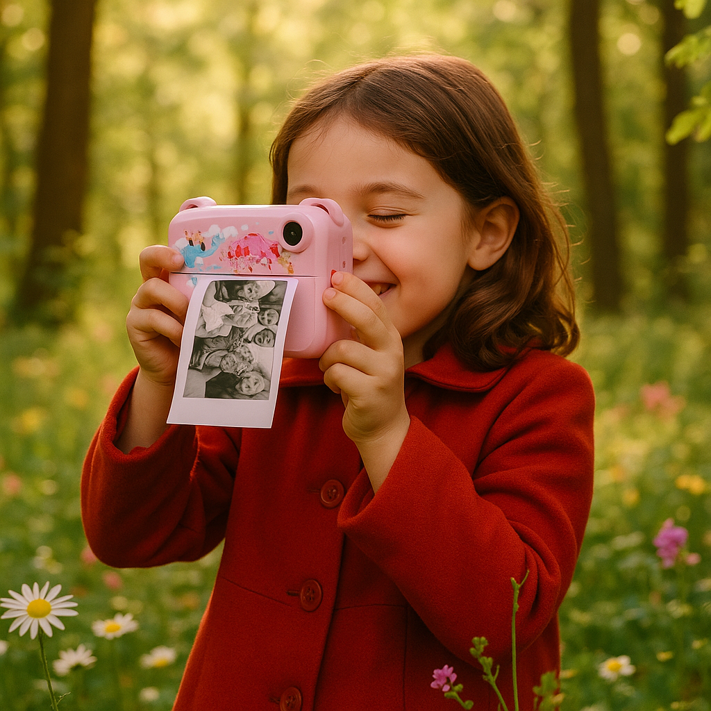 Fillette prend photo avec appareil photo pour enfant 