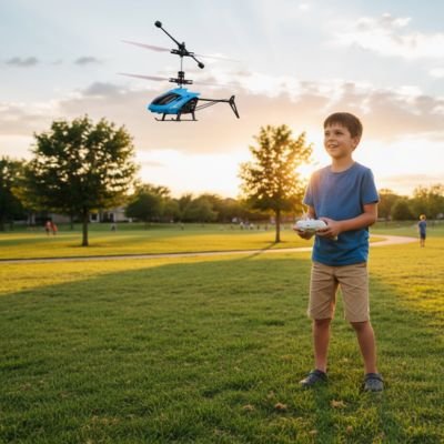 avion télécommandé bleu piloté par garçcon dans un champ