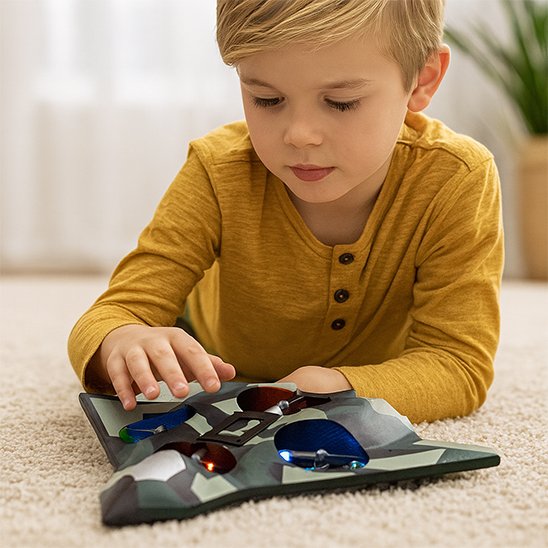 Garçon avec avion militaire gris-bleu