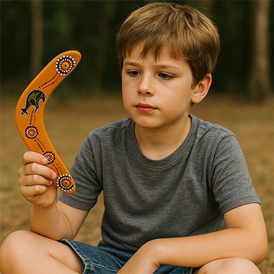 Garçon avec boomerang orange aborigène