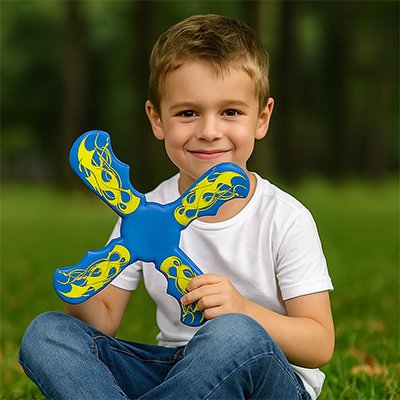 Garçon au parc avec boomerang quatre branches bleu