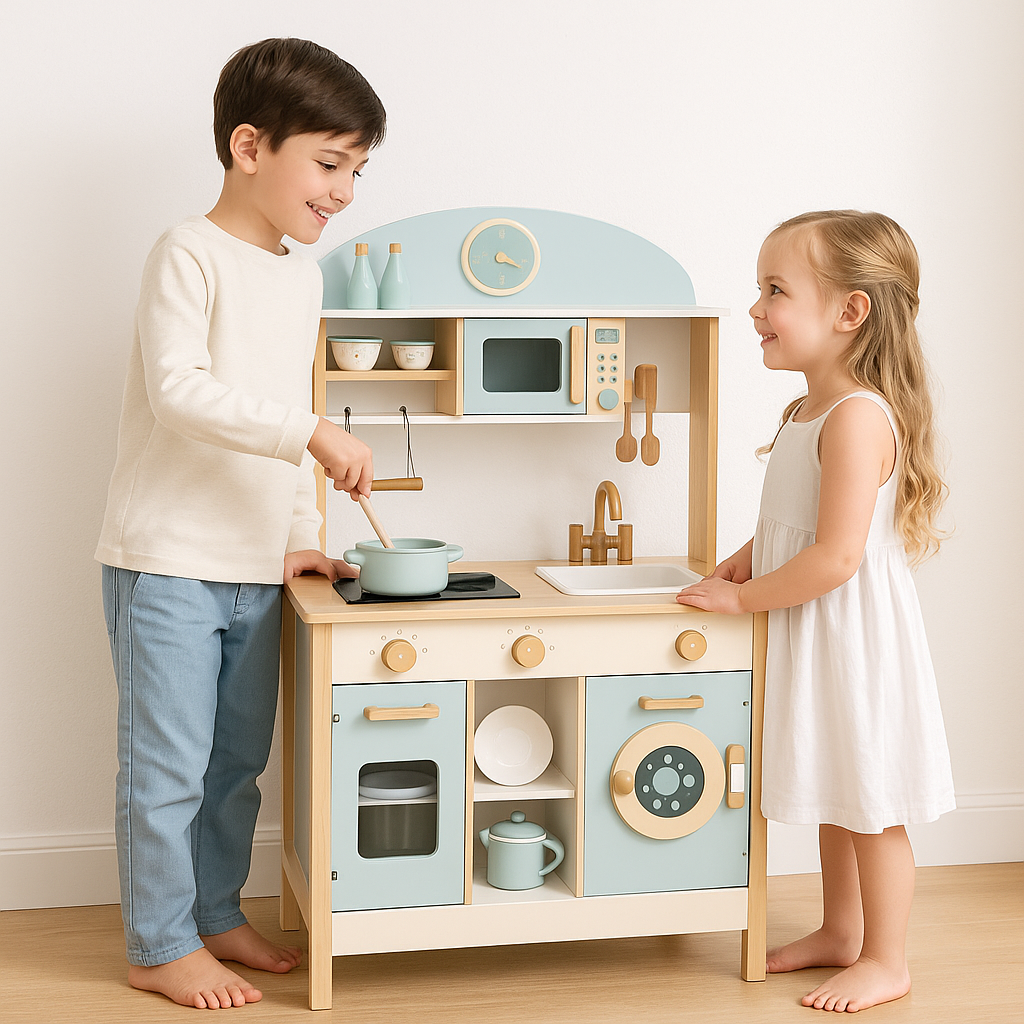 garçon avec cuisine en bois et sa soeur