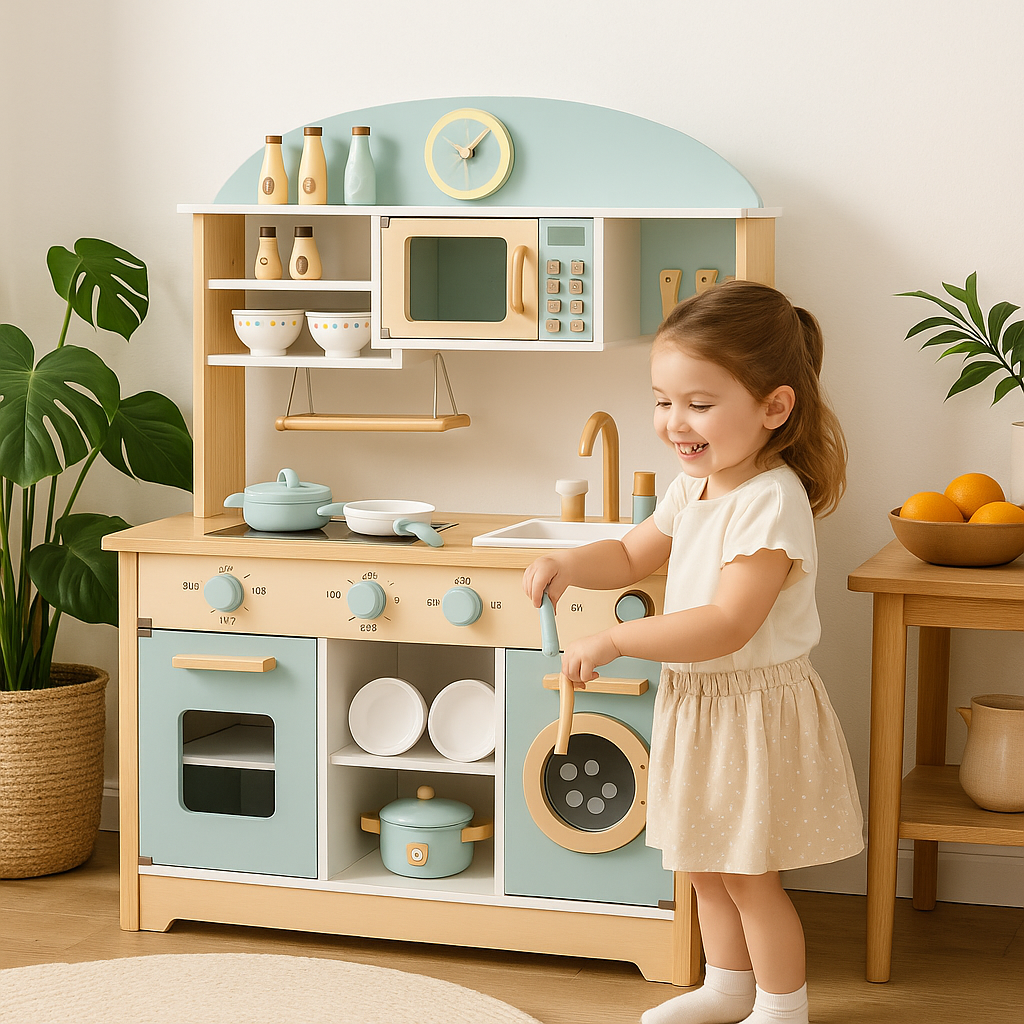 fillette joue avec cuisine en bois