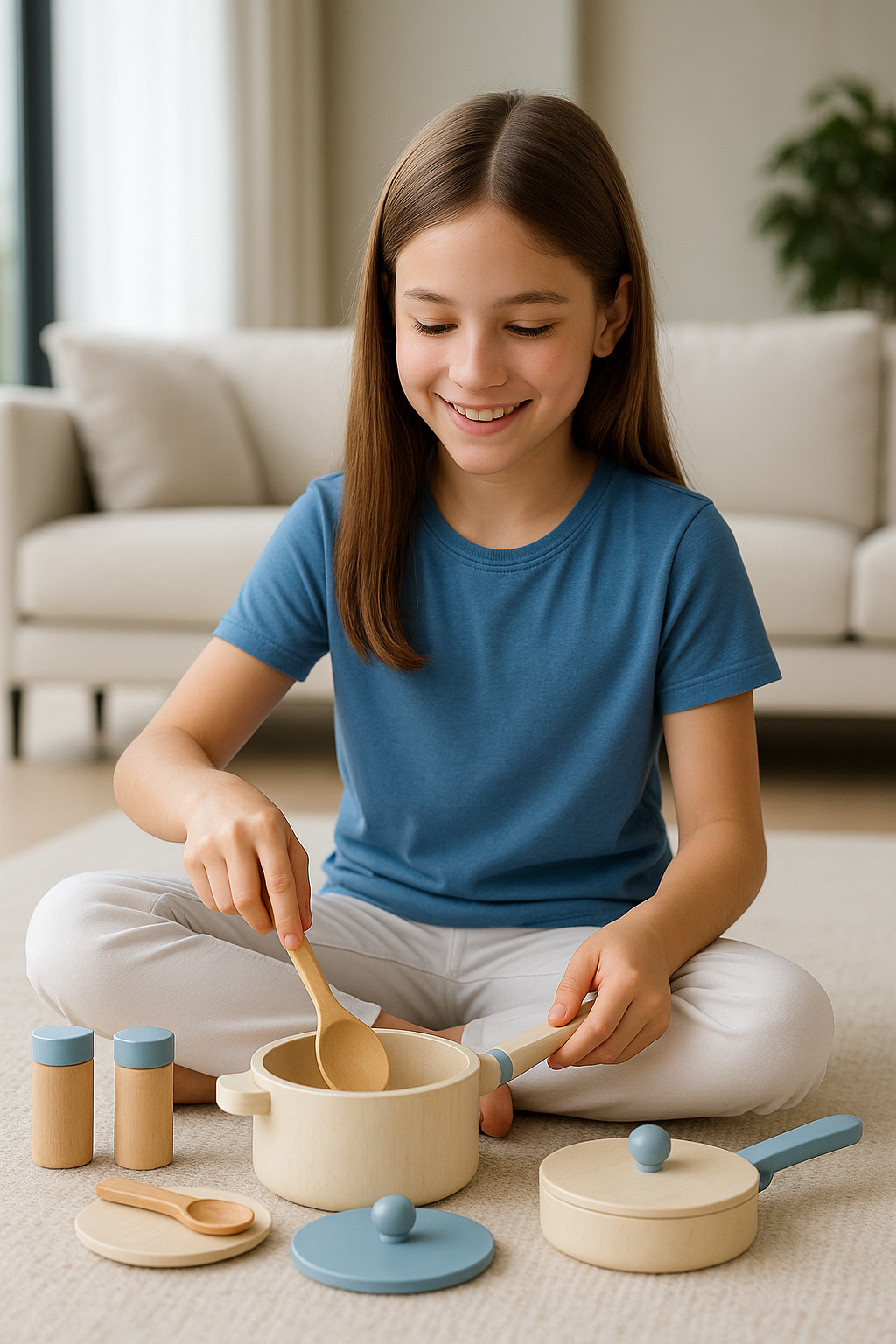 Fille qui cuisine avec dinette en bois