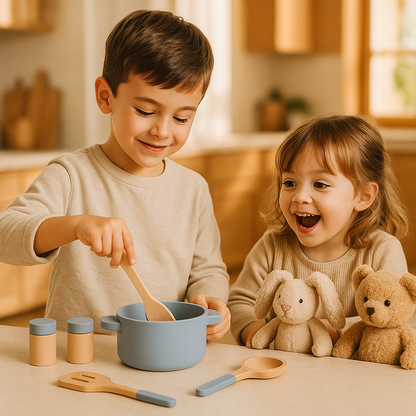 Frère qui cuisine pour sa sœur avec dinette en bois