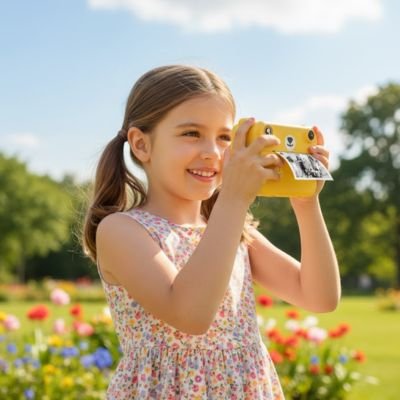 fillette avec appareil photo enfant instantané jaune