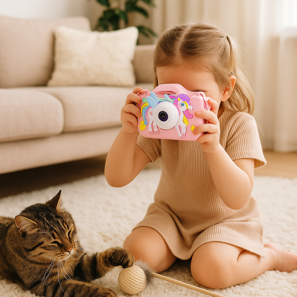 Fillette qui prend une photo de son chat