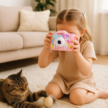 Fillette qui prend une photo de son chat