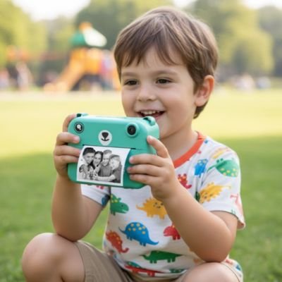garçon avec appareil photo enfant instantané vert