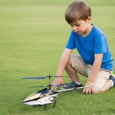 Garçon avec hélicoptère télécommandé blanc et noir