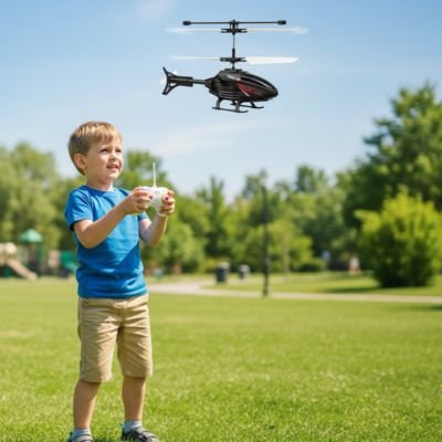 garçcon au parc avec hélicopère télécommandé noir