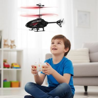 Garçon au salon avec hélicoptère télécommandé noir et rouge.