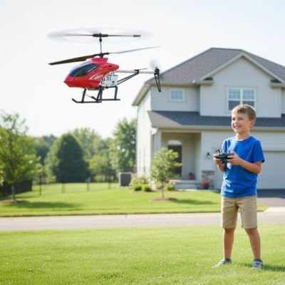 Garçon avec hélicoptère télécommandé rouge en vol