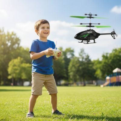 Garçon avec hélicoptère télécommandé vert.