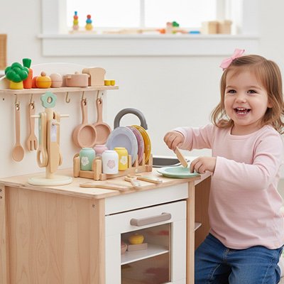fille avec jouet cuisine en bois compatible avec cuisine en bois