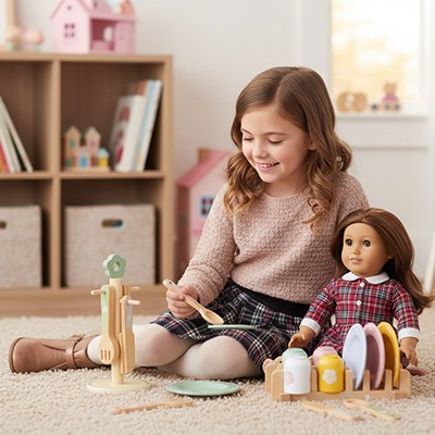 filette avec jouet cuisine en bois au  salon