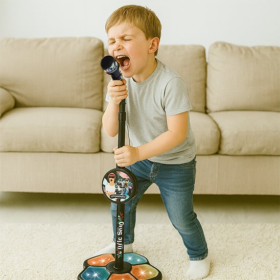Jeune garçon avec micro enfant