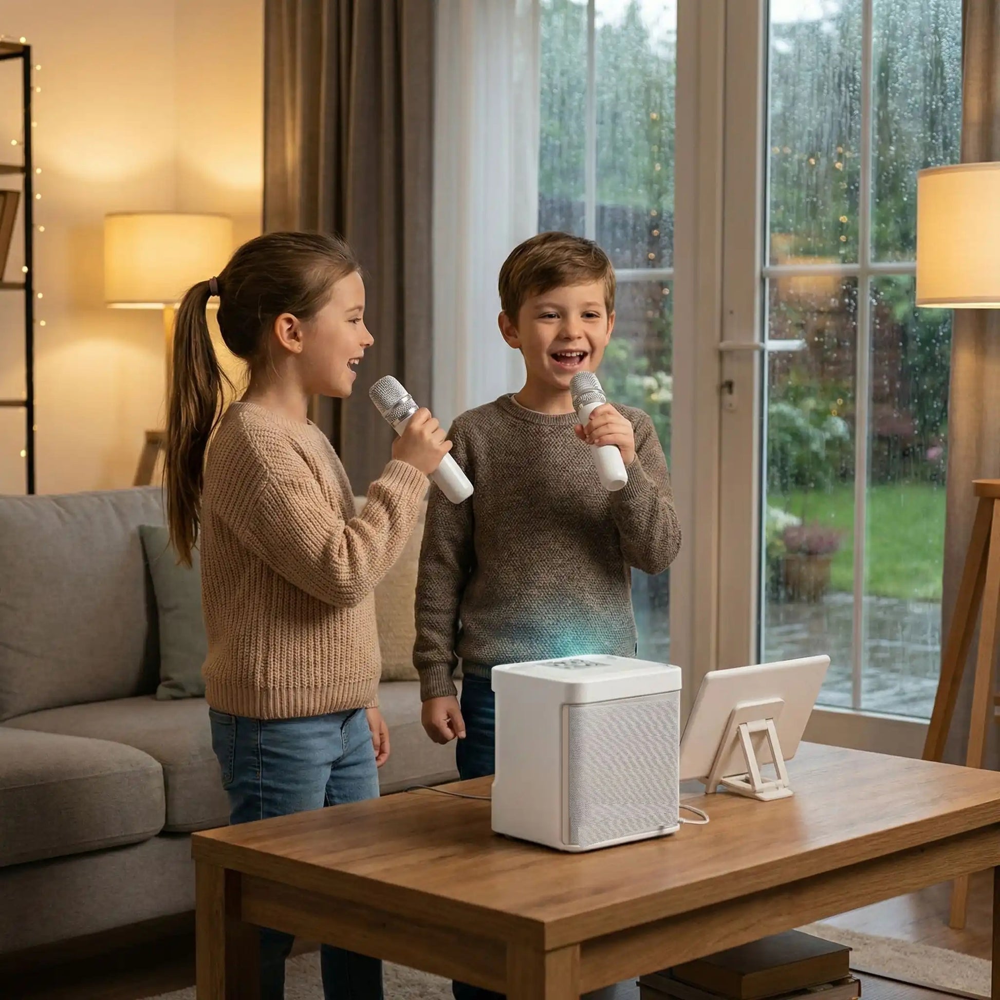 Duo frère-sœur avec micro karaoke pendant un jour de pluie.