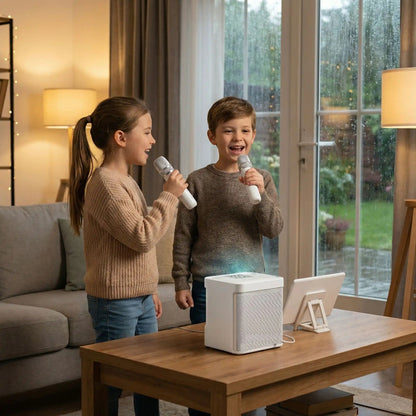 Duo frère-sœur avec micro karaoke pendant un jour de pluie.