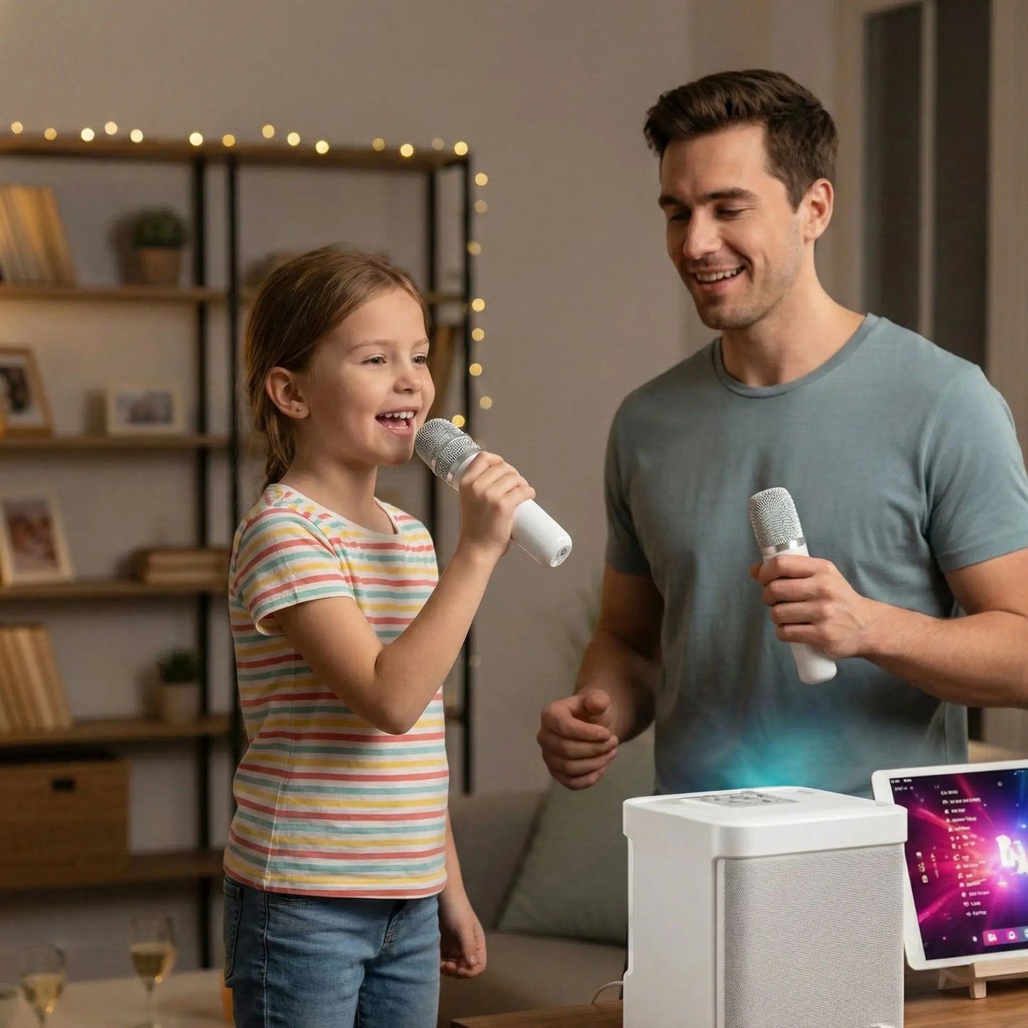 Duo père-fille avec micro karaoke sans fil.